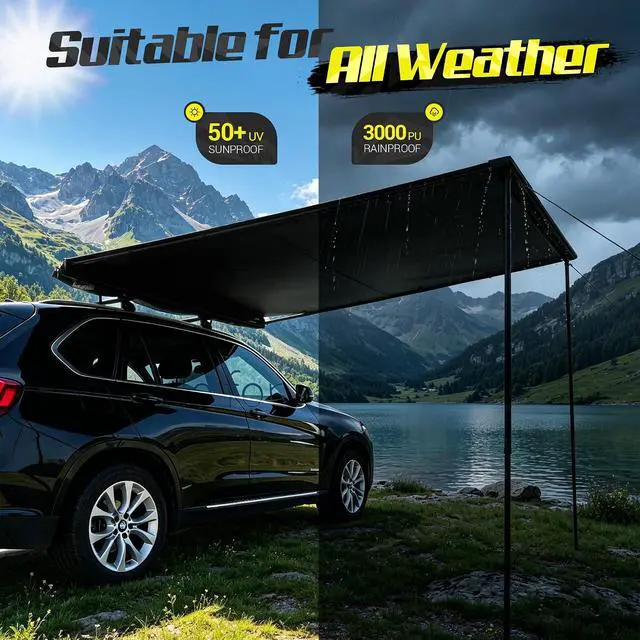 Alt view image 2 of 7 - WildFinder Retractable Car Awning 8.2x6.6ft, Waterproof Sun Shade for SUV | Truck Awning 54 Sq Ft, Adjustable Height 3.6 Ft to 7 Ft, Removable LED Light, Vehicle Awning with Durable Storage Bag