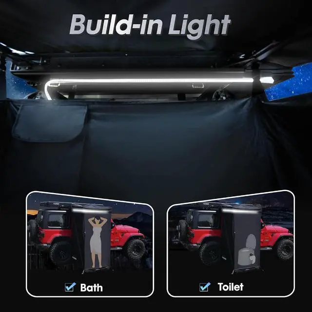 Alt view image 4 of 7 - Wildfinder Vehicle Side Shower Awning w/LED, 3.3x3.3ft Privacy Enclosure | Outside Shower Enclosure 5,000mm Waterproof UV50+, Durable Oxford Fabric, Camping Shower Tent Easy Set Up in 30s