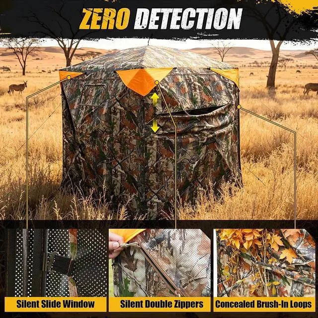 Alt view image 4 of 7 - WildFinder 360 Degree Hunting Blind, 2-3 Person Pop Up Ground Blind | with Silent Slide Windows & Carrying Bag, Portable Camouflage Tent for Deer & Turkey Hunting