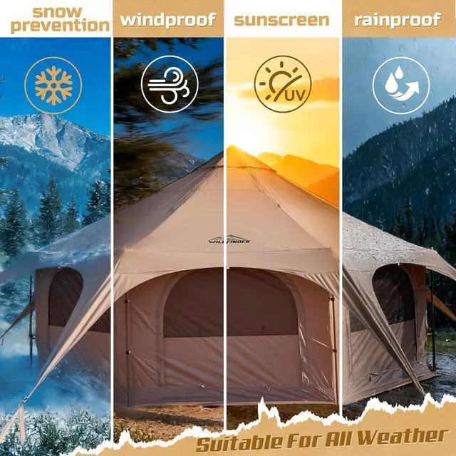 Alt view image 4 of 7 - WildFinder 16.5 Ft Canvas Bell Tent, Large Yurt Tent with Stove Jack | 4 Seasons Tent for Camping with 8 Mesh Windows, Removable Floor, 55" High Wall, Large Space, Waterproof, Glamping Hot Tent