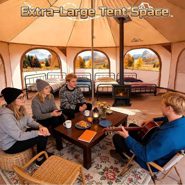 Alt view image 6 of 7 - WildFinder 16.5 Ft Canvas Bell Tent, Large Yurt Tent with Stove Jack | 4 Seasons Tent for Camping with 8 Mesh Windows, Removable Floor, 55" High Wall, Large Space, Waterproof, Glamping Hot Tent