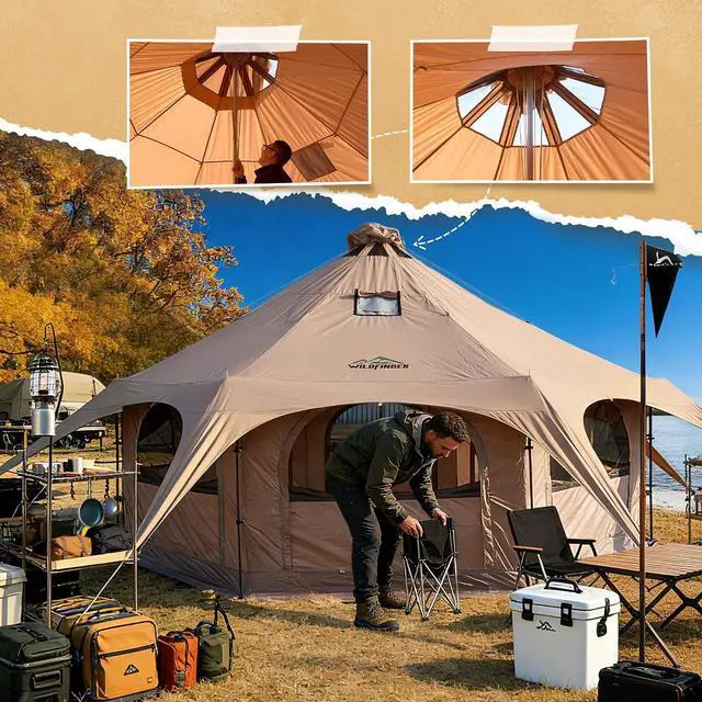 Alt view image 5 of 7 - WildFinder 16.5 Ft Canvas Bell Tent, Large Yurt Tent with Stove Jack | 4 Seasons Tent for Camping with 8 Mesh Windows, Removable Floor, 55" High Wall, Large Space, Waterproof, Glamping Hot Tent