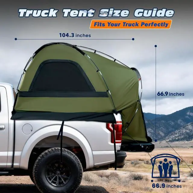 Alt view image 3 of 7 - WildFinder Truck Bed Tent, Pickup Truck Tents for Camping 6.4-6.7 FT Bed | Waterproof PU3000mm Tent for Truck Bed, Heavy Duty Oxford Fabric Sleeping Truck Tent for Car Camping, Overlanding, Green