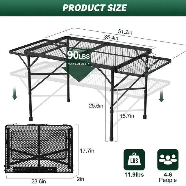 Alt view image 4 of 7 - WildFinder Folding Table 2pcs, 3x2 FT and 2x1.3 FT Camping Table with Mesh Desktop,Height Adjustable Folding Grill Table with Mesh Bag,Portable Outdoor Table for Picnic,Camping,BBQ,Beach(Black)