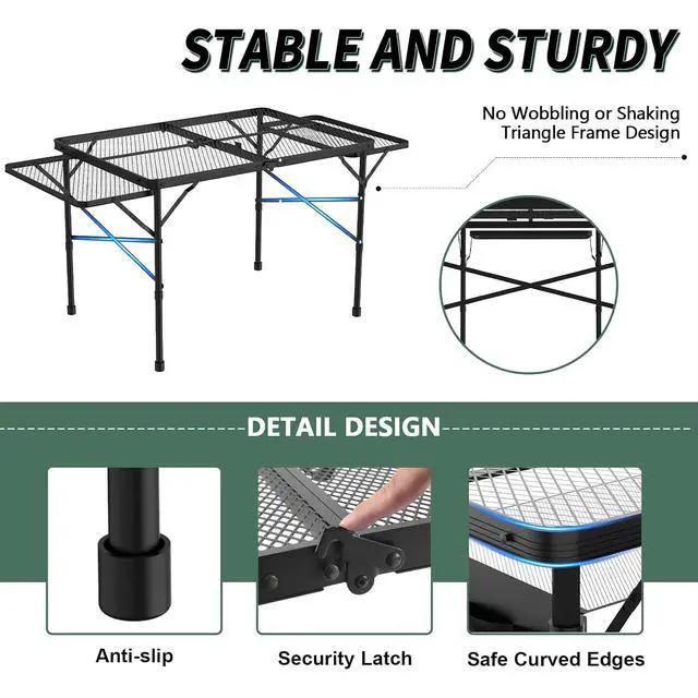 Alt view image 5 of 7 - WildFinder Folding Table 2pcs, 3x2 FT and 2x1.3 FT Camping Table with Mesh Desktop,Height Adjustable Folding Grill Table with Mesh Bag,Portable Outdoor Table for Picnic,Camping,BBQ,Beach(Black)