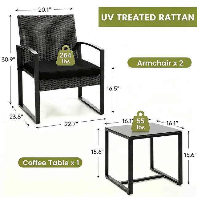 Alt view image 2 of 6 - Murago Outdoor 3-Piece Wicker Bistro Set, Patio Conversation Set | 2 chairs with Coffee Table, for Balcony, Porch, Garden, Yard, Poolside, Black Frame & Black Cushion