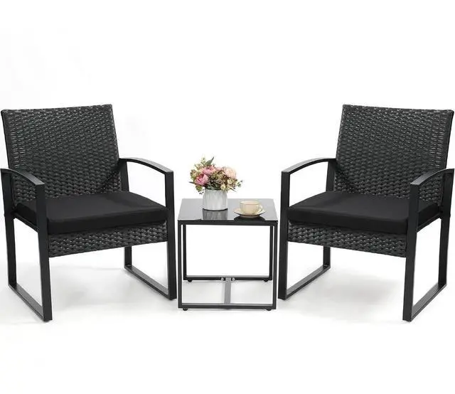 Main image of Murago Outdoor 3-Piece Wicker Bistro Set, Patio Conversation Set | 2 chairs with Coffee Table, for Balcony, Porch, Garden, Yard, Poolside, Black Frame & Black Cushion
