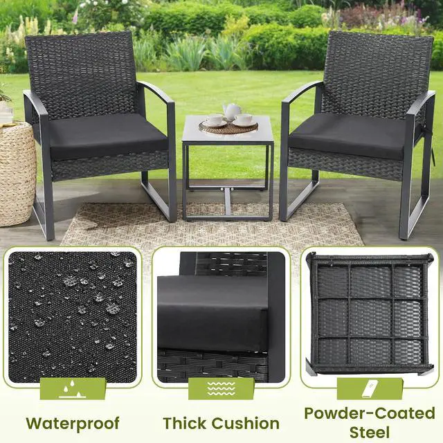 Alt view image 3 of 6 - Murago Outdoor 3-Piece Wicker Bistro Set, Patio Conversation Set | 2 chairs with Coffee Table, for Balcony, Porch, Garden, Yard, Poolside, Black Frame & Black Cushion