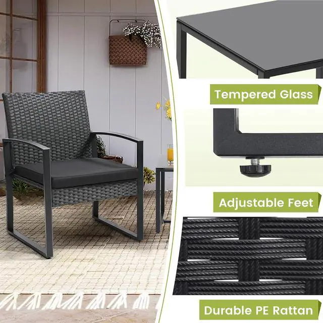 Alt view image 4 of 6 - Murago Outdoor 3-Piece Wicker Bistro Set, Patio Conversation Set | 2 chairs with Coffee Table, for Balcony, Porch, Garden, Yard, Poolside, Black Frame & Black Cushion