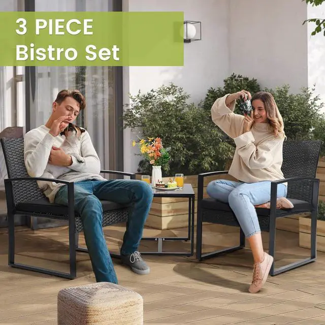 Alt view image 5 of 6 - Murago Outdoor 3-Piece Wicker Bistro Set, Patio Conversation Set | 2 chairs with Coffee Table, for Balcony, Porch, Garden, Yard, Poolside, Black Frame & Black Cushion