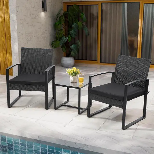 Alt view image 6 of 6 - Murago Outdoor 3-Piece Wicker Bistro Set, Patio Conversation Set | 2 chairs with Coffee Table, for Balcony, Porch, Garden, Yard, Poolside, Black Frame & Black Cushion