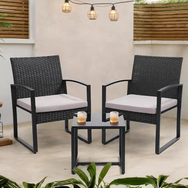 Alt view image 2 of 6 - Murago 3-Piece Wicker Patio Bistro Set, Patio Conversation Set | 2 chairs with Coffee Table, for Balcony, Porch, Garden, Yard, Poolside, Black Frame with Grey Cushion