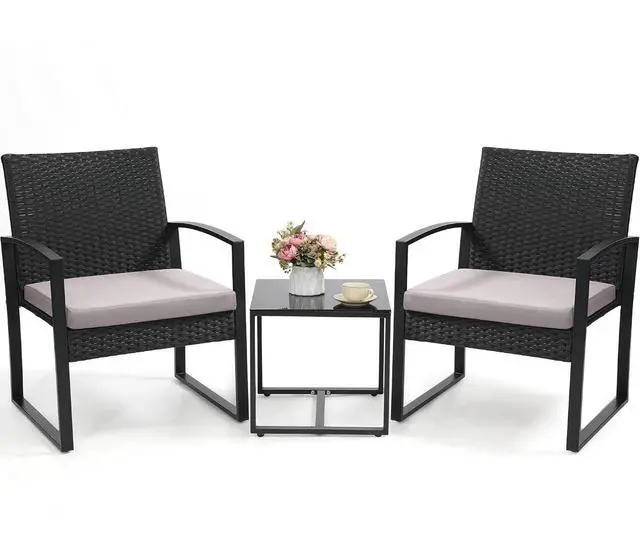 Main image of Murago 3-Piece Wicker Patio Bistro Set, Patio Conversation Set | 2 chairs with Coffee Table, for Balcony, Porch, Garden, Yard, Poolside, Black Frame with Grey Cushion