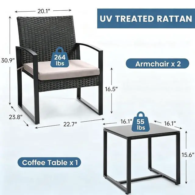 Alt view image 6 of 6 - Murago 3-Piece Wicker Patio Bistro Set, Patio Conversation Set | 2 chairs with Coffee Table, for Balcony, Porch, Garden, Yard, Poolside, Black Frame with Grey Cushion