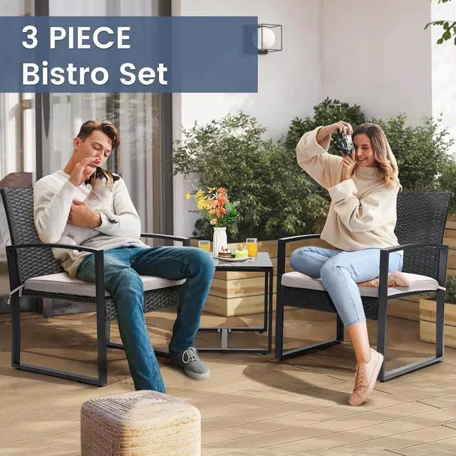 Alt view image 3 of 6 - Murago 3-Piece Wicker Patio Bistro Set, Patio Conversation Set | 2 chairs with Coffee Table, for Balcony, Porch, Garden, Yard, Poolside, Black Frame with Grey Cushion
