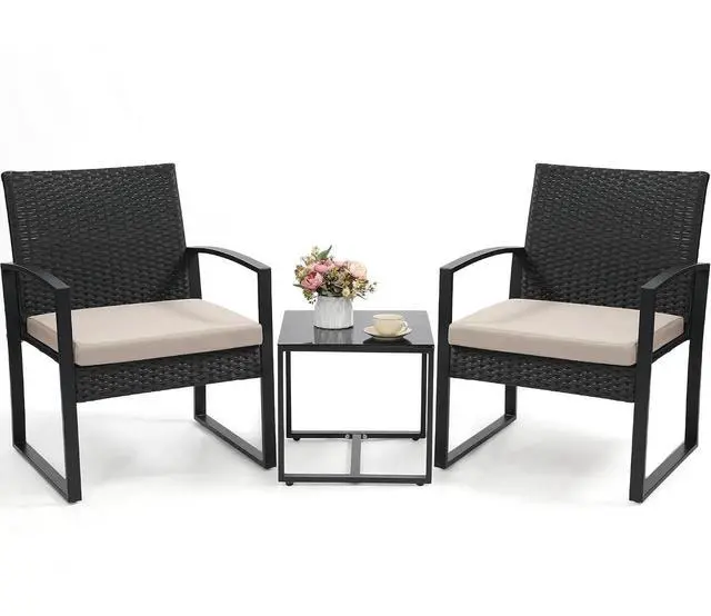 Main image of Murago 3-Piece Wicker Patio Bistro Set, Patio Conversation Set | 2 chairs with Coffee Table, for Balcony, Porch, Garden, Yard, Poolside, Black Frame with Beige Cushion