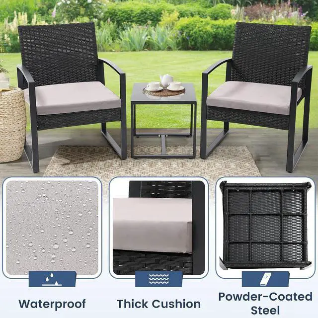 Alt view image 4 of 6 - Murago 3-Piece Wicker Patio Bistro Set, Patio Conversation Set | 2 chairs with Coffee Table, for Balcony, Porch, Garden, Yard, Poolside, Black Frame with Grey Cushion