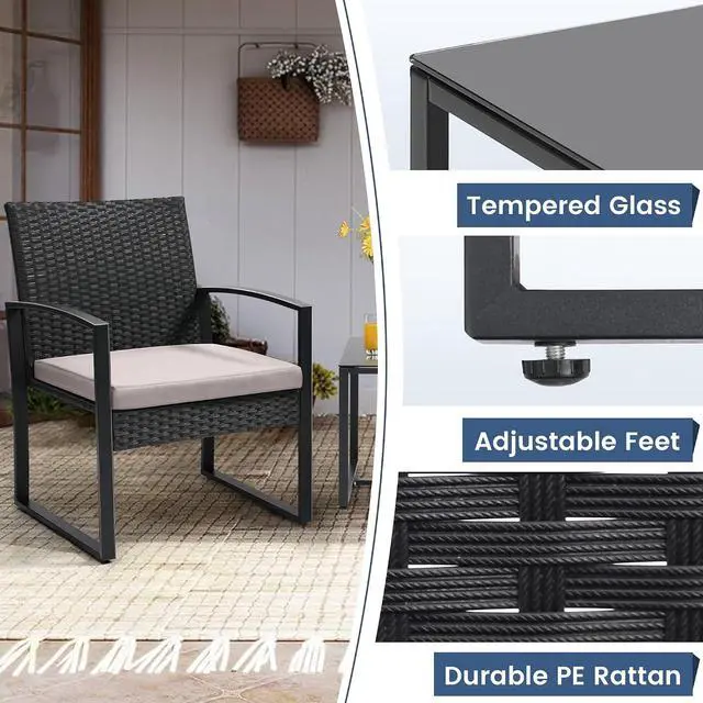 Alt view image 5 of 6 - Murago 3-Piece Wicker Patio Bistro Set, Patio Conversation Set | 2 chairs with Coffee Table, for Balcony, Porch, Garden, Yard, Poolside, Black Frame with Grey Cushion