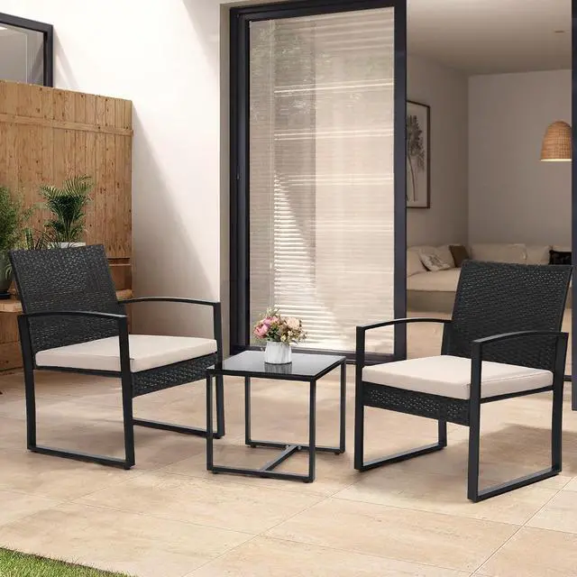 Alt view image 2 of 6 - Murago 3-Piece Wicker Patio Bistro Set, Patio Conversation Set | 2 chairs with Coffee Table, for Balcony, Porch, Garden, Yard, Poolside, Black Frame with Beige Cushion