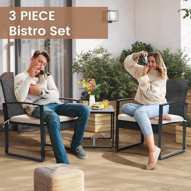 Alt view image 3 of 6 - Murago 3-Piece Wicker Patio Bistro Set, Patio Conversation Set | 2 chairs with Coffee Table, for Balcony, Porch, Garden, Yard, Poolside, Black Frame with Beige Cushion