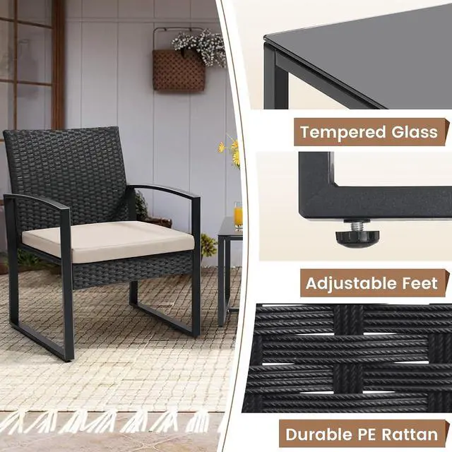 Alt view image 5 of 6 - Murago 3-Piece Wicker Patio Bistro Set, Patio Conversation Set | 2 chairs with Coffee Table, for Balcony, Porch, Garden, Yard, Poolside, Black Frame with Beige Cushion