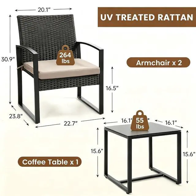 Alt view image 6 of 6 - Murago 3-Piece Wicker Patio Bistro Set, Patio Conversation Set | 2 chairs with Coffee Table, for Balcony, Porch, Garden, Yard, Poolside, Black Frame with Beige Cushion