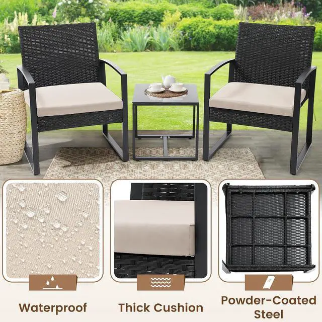 Alt view image 4 of 6 - Murago 3-Piece Wicker Patio Bistro Set, Patio Conversation Set | 2 chairs with Coffee Table, for Balcony, Porch, Garden, Yard, Poolside, Black Frame with Beige Cushion