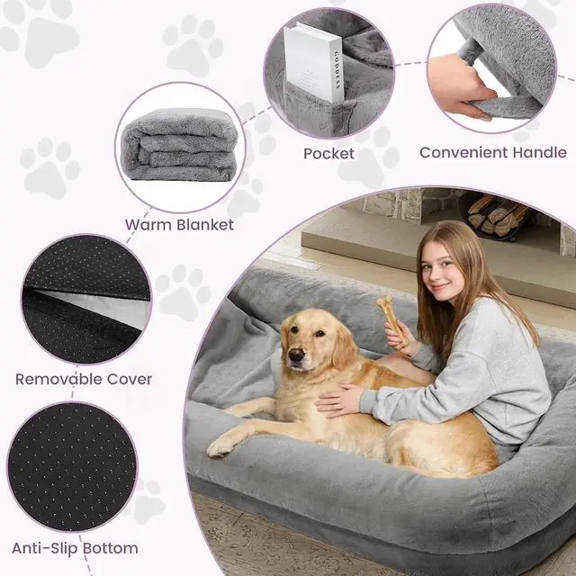 Alt view image 5 of 7 - Murago Human Dog Bed for Adults, 71"x43"x10", Light Grey | Long Human Size Dog Bed, Removable Cover, Orthopedic Design