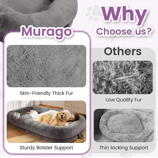 Alt view image 6 of 7 - Murago Human Dog Bed for Adults, 71"x43"x10", Light Grey | Long Human Size Dog Bed, Removable Cover, Orthopedic Design