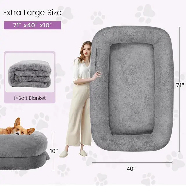 Alt view image 7 of 7 - Murago Human Dog Bed for Adults, 71"x43"x10", Light Grey | Long Human Size Dog Bed, Removable Cover, Orthopedic Design