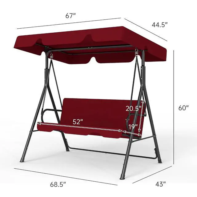 Alt view image 2 of 7 - Murago Outdoor Patio Swing Chair with Adjustable Canopy, Red | Outdoor Patio Glider Swing with Heavy Duty Stand for 3 Adult Persons, Ideal for Deck, Lawn, Backyard, or Porch