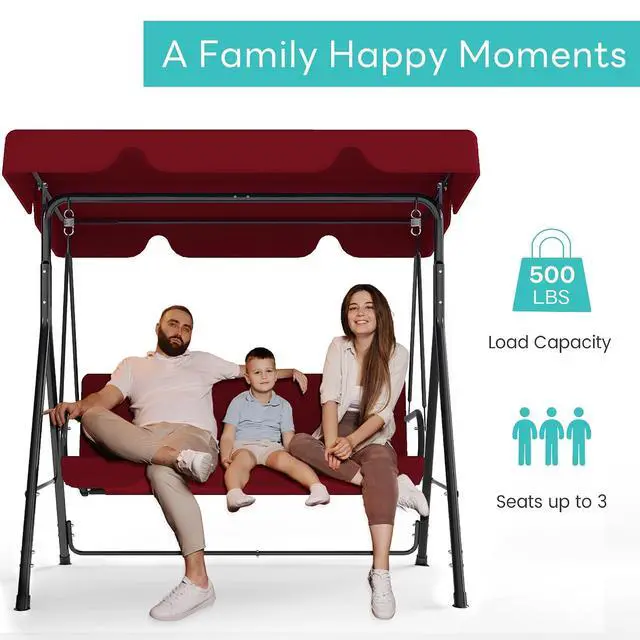 Alt view image 3 of 7 - Murago Outdoor Patio Swing Chair with Adjustable Canopy, Red | Outdoor Patio Glider Swing with Heavy Duty Stand for 3 Adult Persons, Ideal for Deck, Lawn, Backyard, or Porch