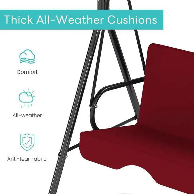 Alt view image 4 of 7 - Murago Outdoor Patio Swing Chair with Adjustable Canopy, Red | Outdoor Patio Glider Swing with Heavy Duty Stand for 3 Adult Persons, Ideal for Deck, Lawn, Backyard, or Porch