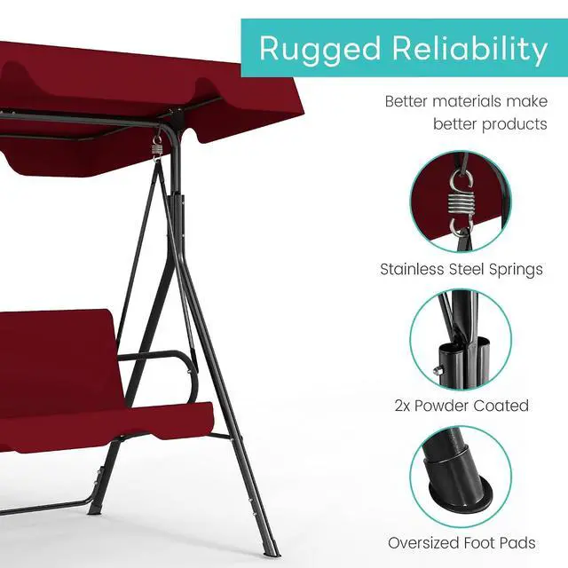 Alt view image 5 of 7 - Murago Outdoor Patio Swing Chair with Adjustable Canopy, Red | Outdoor Patio Glider Swing with Heavy Duty Stand for 3 Adult Persons, Ideal for Deck, Lawn, Backyard, or Porch