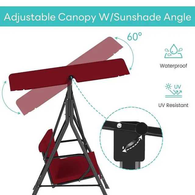 Alt view image 6 of 7 - Murago Outdoor Patio Swing Chair with Adjustable Canopy, Red | Outdoor Patio Glider Swing with Heavy Duty Stand for 3 Adult Persons, Ideal for Deck, Lawn, Backyard, or Porch