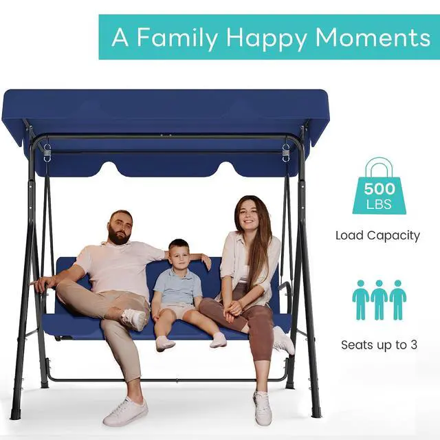Alt view image 3 of 7 - Murago Outdoor Patio Swing Chair with Adjustable Canopy, Blue | Outdoor Patio Glider Swing with Heavy Duty Stand for 3 Adult Persons, Ideal for Deck, Lawn, Backyard, or Porch