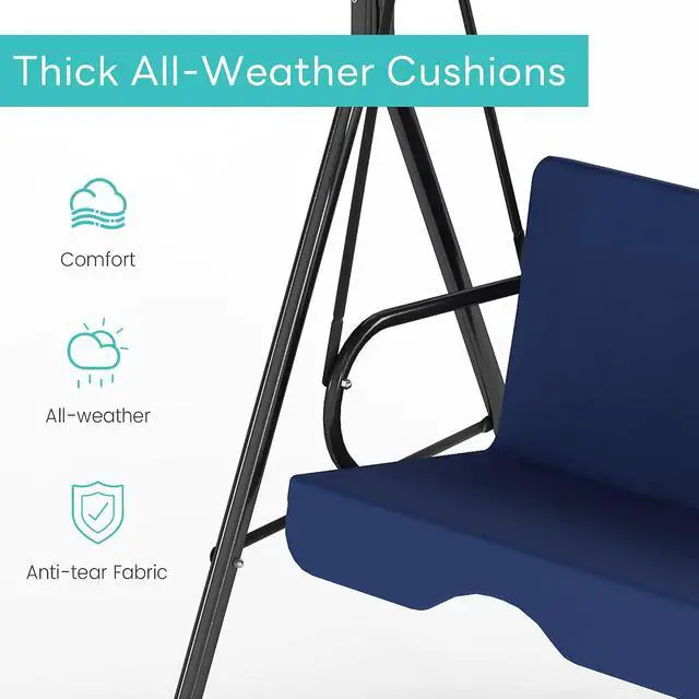 Alt view image 4 of 7 - Murago Outdoor Patio Swing Chair with Adjustable Canopy, Blue | Outdoor Patio Glider Swing with Heavy Duty Stand for 3 Adult Persons, Ideal for Deck, Lawn, Backyard, or Porch