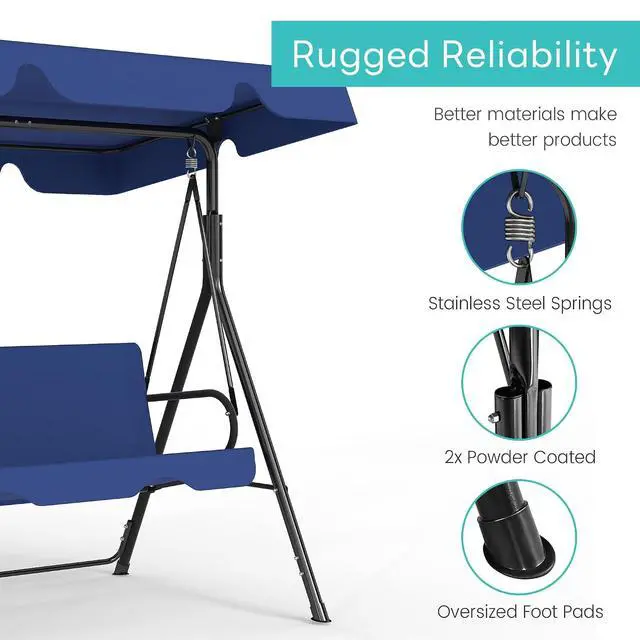 Alt view image 5 of 7 - Murago Outdoor Patio Swing Chair with Adjustable Canopy, Blue | Outdoor Patio Glider Swing with Heavy Duty Stand for 3 Adult Persons, Ideal for Deck, Lawn, Backyard, or Porch