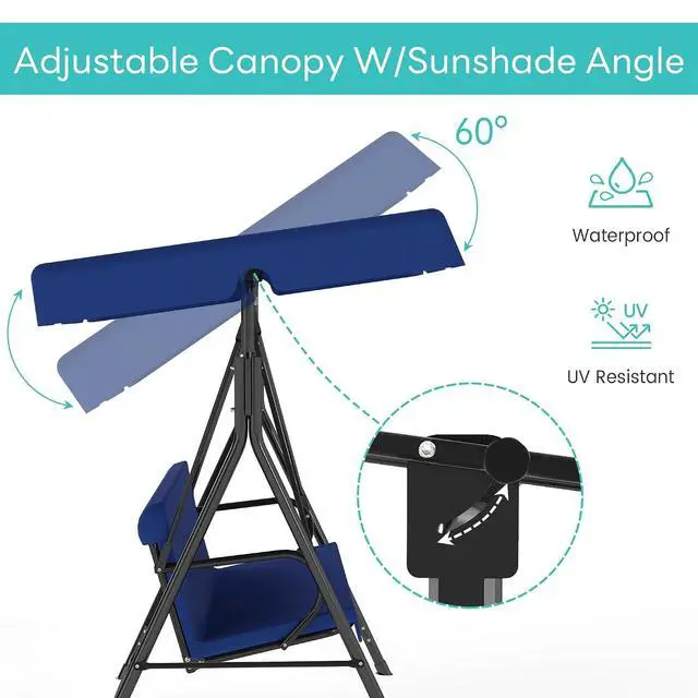 Alt view image 6 of 7 - Murago Outdoor Patio Swing Chair with Adjustable Canopy, Blue | Outdoor Patio Glider Swing with Heavy Duty Stand for 3 Adult Persons, Ideal for Deck, Lawn, Backyard, or Porch