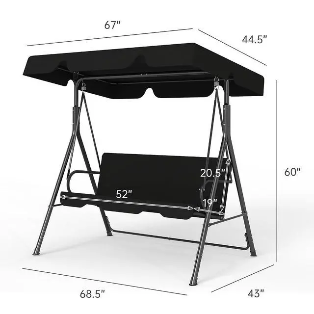 Alt view image 7 of 7 - Murago 3-Seat Patio Swing Chair, Outdoor Porch Swing with Adjustable Canopy | Porch Swings with Removable Cushion & Durable Frame for Patio, Garden, Poolside, Backyard, Black