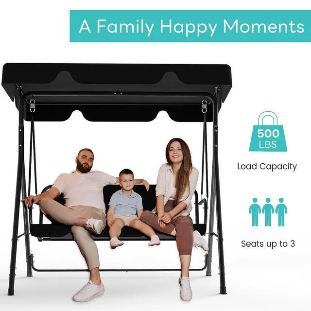 Alt view image 6 of 7 - Murago 3-Seat Patio Swing Chair, Outdoor Porch Swing with Adjustable Canopy | Porch Swings with Removable Cushion & Durable Frame for Patio, Garden, Poolside, Backyard, Black