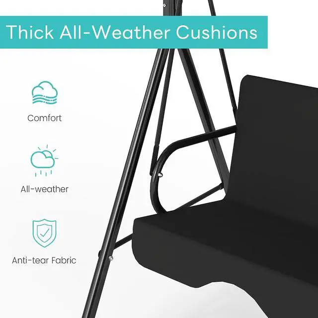 Alt view image 4 of 7 - Murago 3-Seat Patio Swing Chair, Outdoor Porch Swing with Adjustable Canopy | Porch Swings with Removable Cushion & Durable Frame for Patio, Garden, Poolside, Backyard, Black