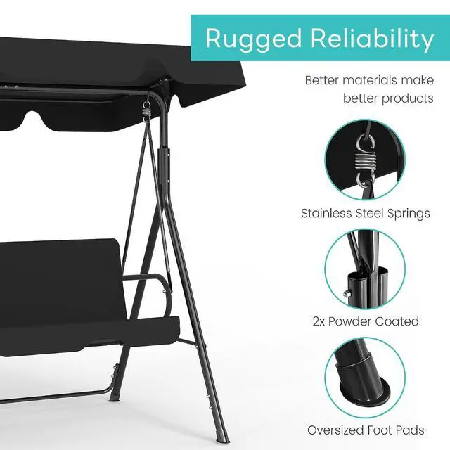Alt view image 5 of 7 - Murago 3-Seat Patio Swing Chair, Outdoor Porch Swing with Adjustable Canopy | Porch Swings with Removable Cushion & Durable Frame for Patio, Garden, Poolside, Backyard, Black