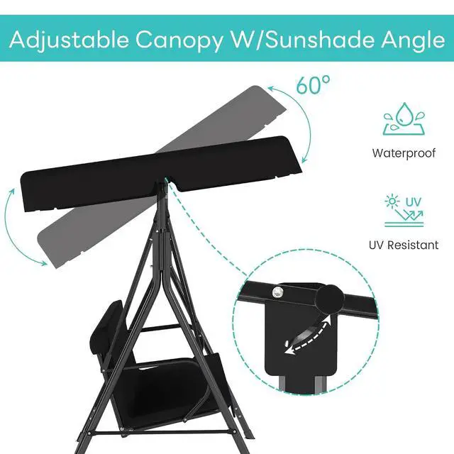 Alt view image 3 of 7 - Murago 3-Seat Patio Swing Chair, Outdoor Porch Swing with Adjustable Canopy | Porch Swings with Removable Cushion & Durable Frame for Patio, Garden, Poolside, Backyard, Black