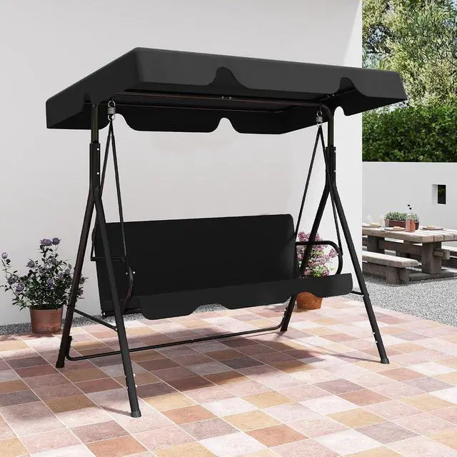 Alt view image 2 of 7 - Murago 3-Seat Patio Swing Chair, Outdoor Porch Swing with Adjustable Canopy | Porch Swings with Removable Cushion & Durable Frame for Patio, Garden, Poolside, Backyard, Black