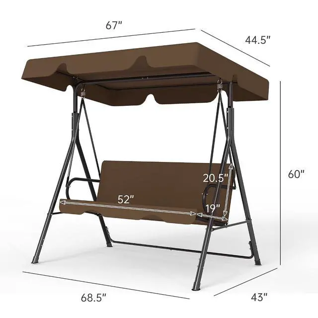 Alt view image 2 of 7 - Murago Outdoor Patio Swing Chair with Adjustable Canopy, Coffee Brown | Outdoor Patio Glider Swing with Heavy Duty Stand for 3 Adult Persons, Ideal for Deck, Lawn, Backyard, or Porch