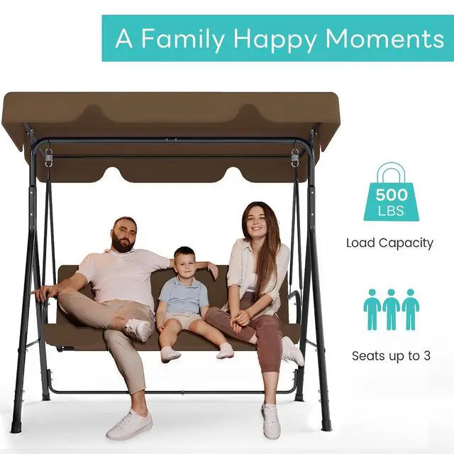 Alt view image 3 of 7 - Murago Outdoor Patio Swing Chair with Adjustable Canopy, Coffee Brown | Outdoor Patio Glider Swing with Heavy Duty Stand for 3 Adult Persons, Ideal for Deck, Lawn, Backyard, or Porch