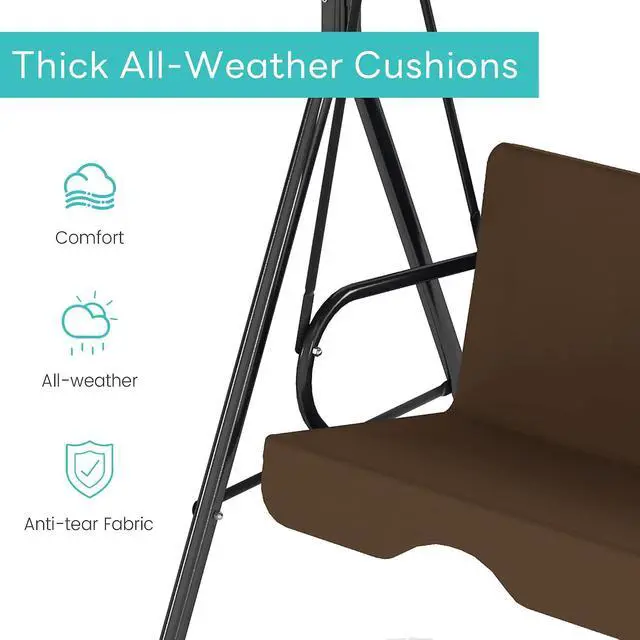 Alt view image 5 of 7 - Murago Outdoor Patio Swing Chair with Adjustable Canopy, Coffee Brown | Outdoor Patio Glider Swing with Heavy Duty Stand for 3 Adult Persons, Ideal for Deck, Lawn, Backyard, or Porch
