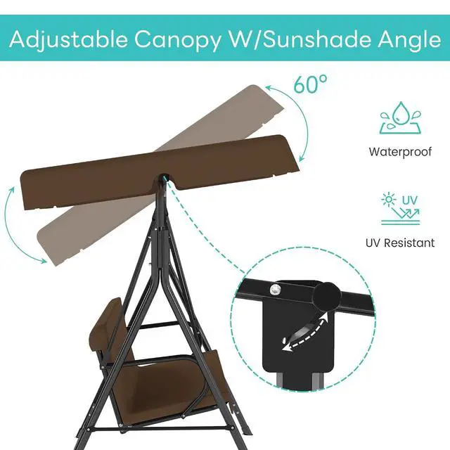 Alt view image 6 of 7 - Murago Outdoor Patio Swing Chair with Adjustable Canopy, Coffee Brown | Outdoor Patio Glider Swing with Heavy Duty Stand for 3 Adult Persons, Ideal for Deck, Lawn, Backyard, or Porch