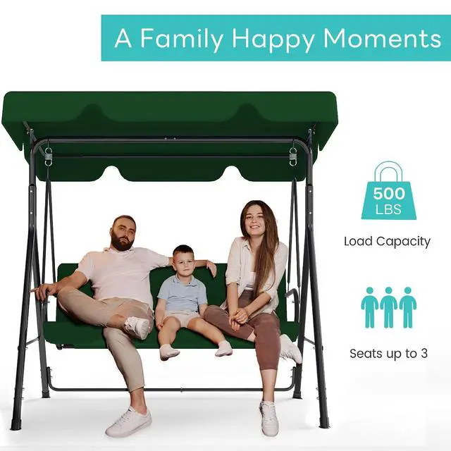 Alt view image 3 of 7 - Murago Outdoor Patio Swing Chair with Adjustable Canopy, Green | Outdoor Patio Glider Swing with Heavy Duty Stand for 3 Adult Persons, Ideal for Deck, Lawn, Backyard, or Porch